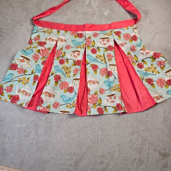 Ritz Apron Half Bluebird Rose Teapot Print Aqua Pink Vintage Cottagecore Kitchen - Picture 5 of 11